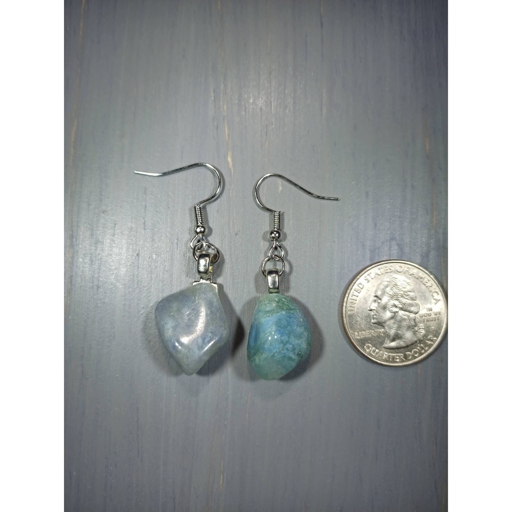 Blue Chalcedony Natural Stone Drop Earrings Nickel Free Silver Tone Boho Jewelry - Picture 3 of 5